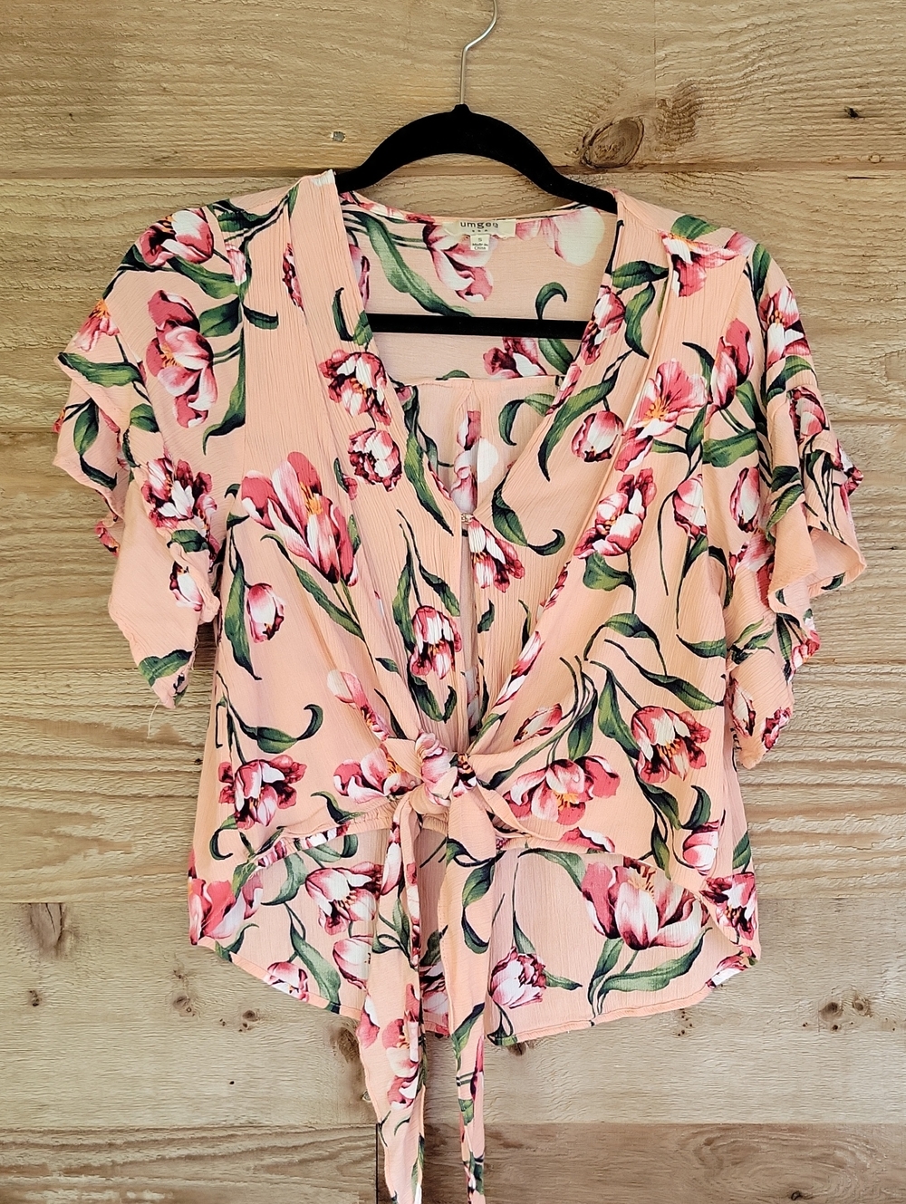 Umgee Peach Floral Tie-Front Blouse